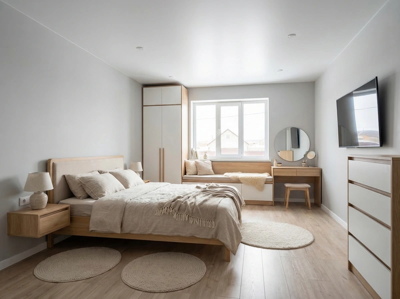 Дизайн спальни в стиле Сканди — фото интерьера от нейросети RoomGPT