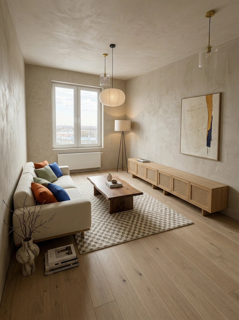 Дизайн гостиной в стиле Japandi — фото интерьера от нейросети RoomGPT