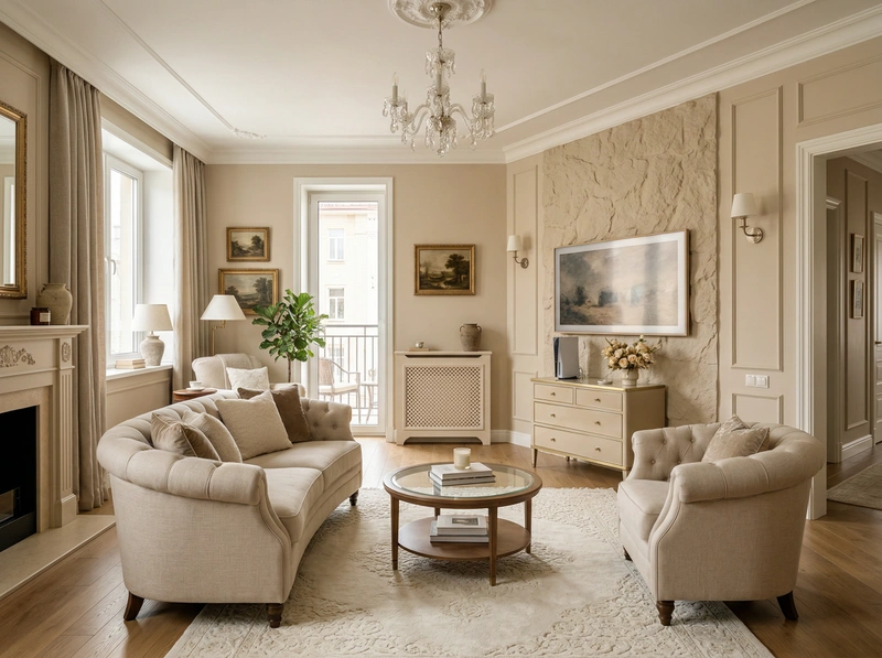 Дизайн гостиной в стиле Классика — фото интерьера от нейросети RoomGPT