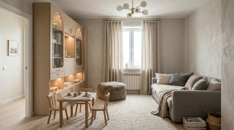 Дизайн гостиной в стиле Хюгге — фото интерьера от нейросети RoomGPT