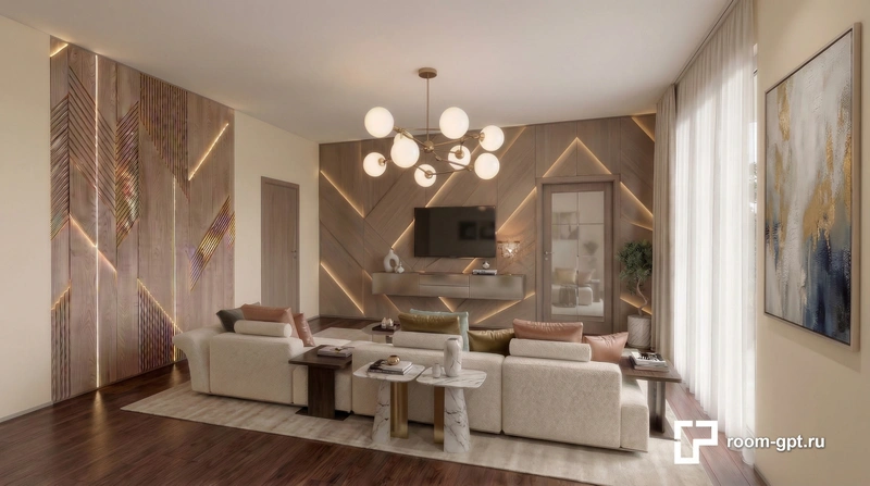 Дизайн интерьера в стиле Контемпорари — Гостиная от нейросети RoomGPT