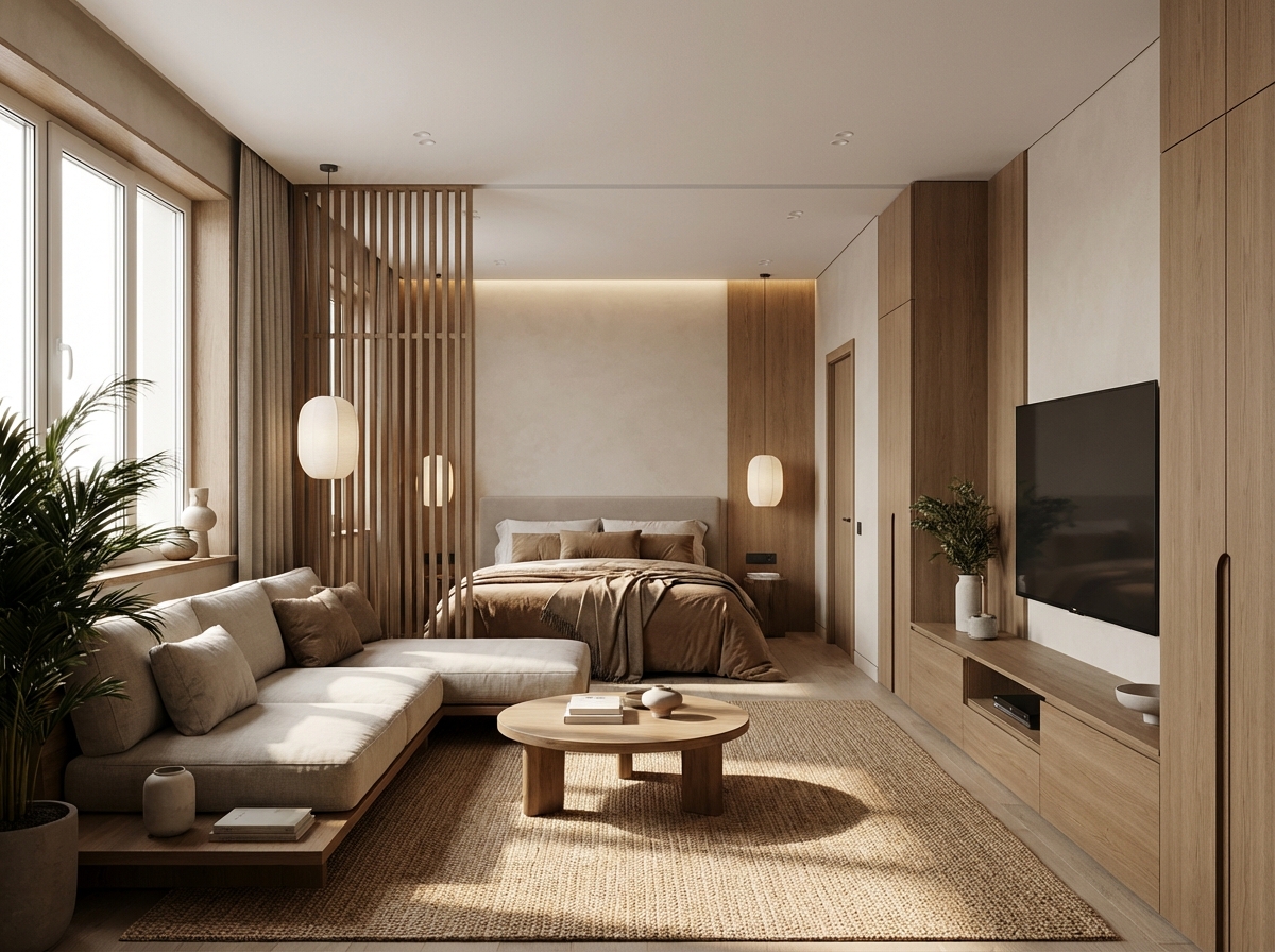 Дизайн гостиной в стиле Japandi — фото интерьера от нейросети RoomGPT