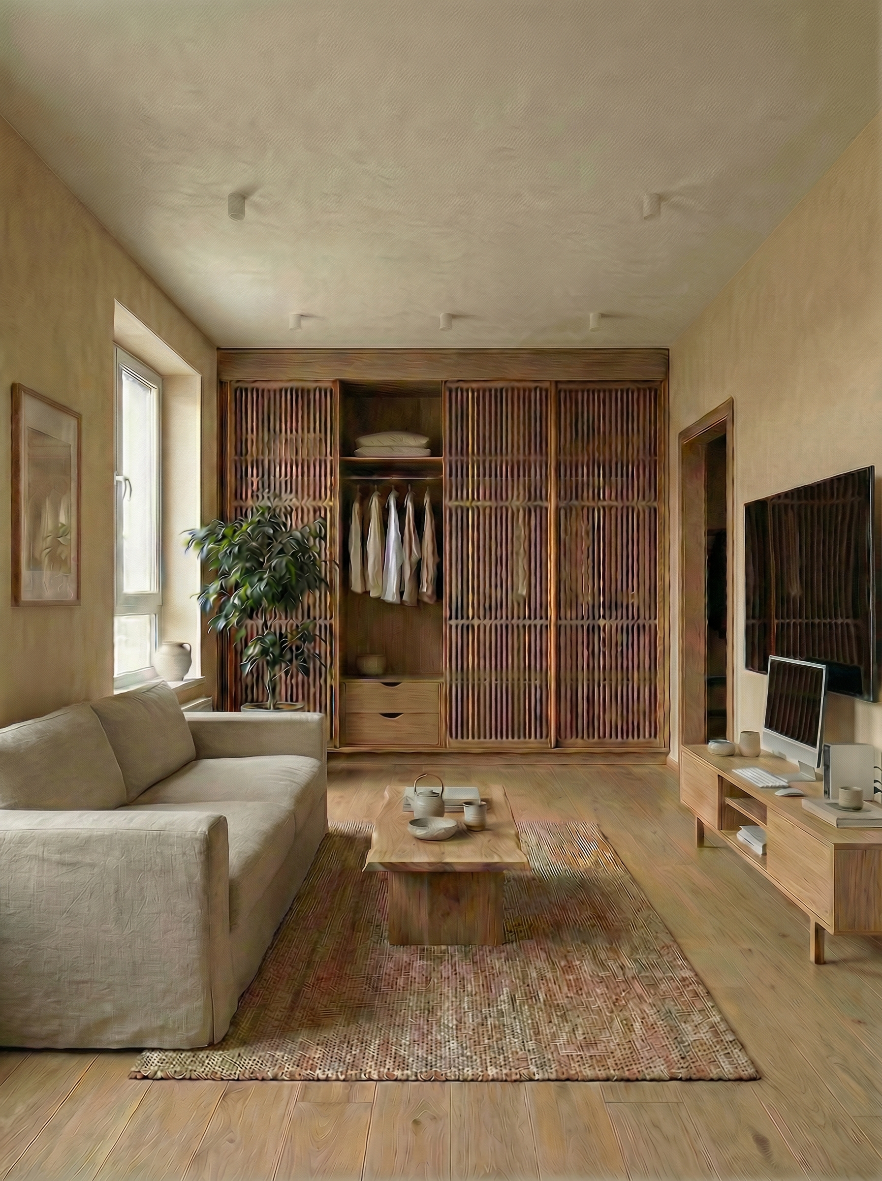 Дизайн гостиной в стиле Japandi — фото интерьера от нейросети RoomGPT