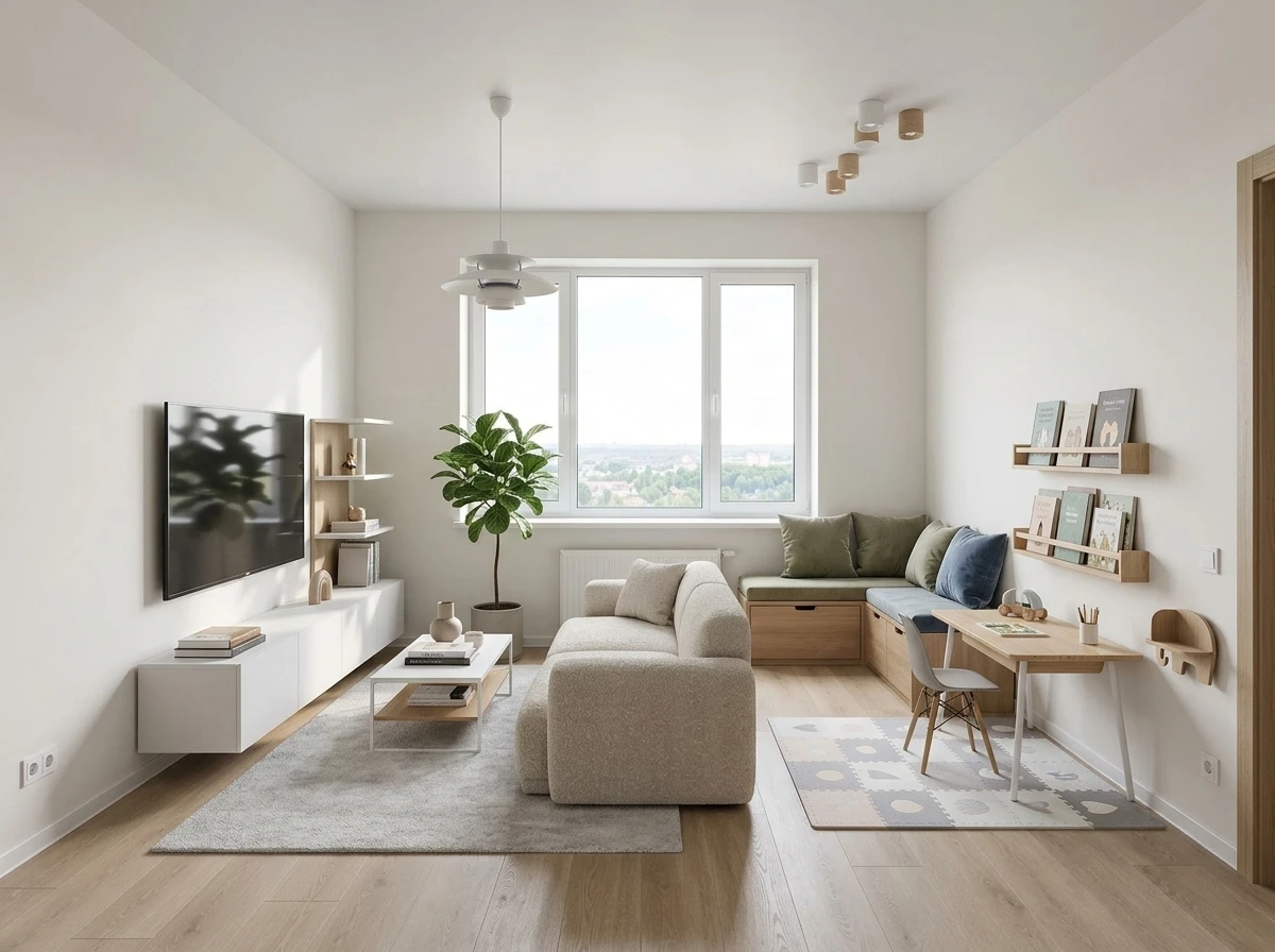 Дизайн гостиной в стиле Сканди — фото интерьера от нейросети RoomGPT