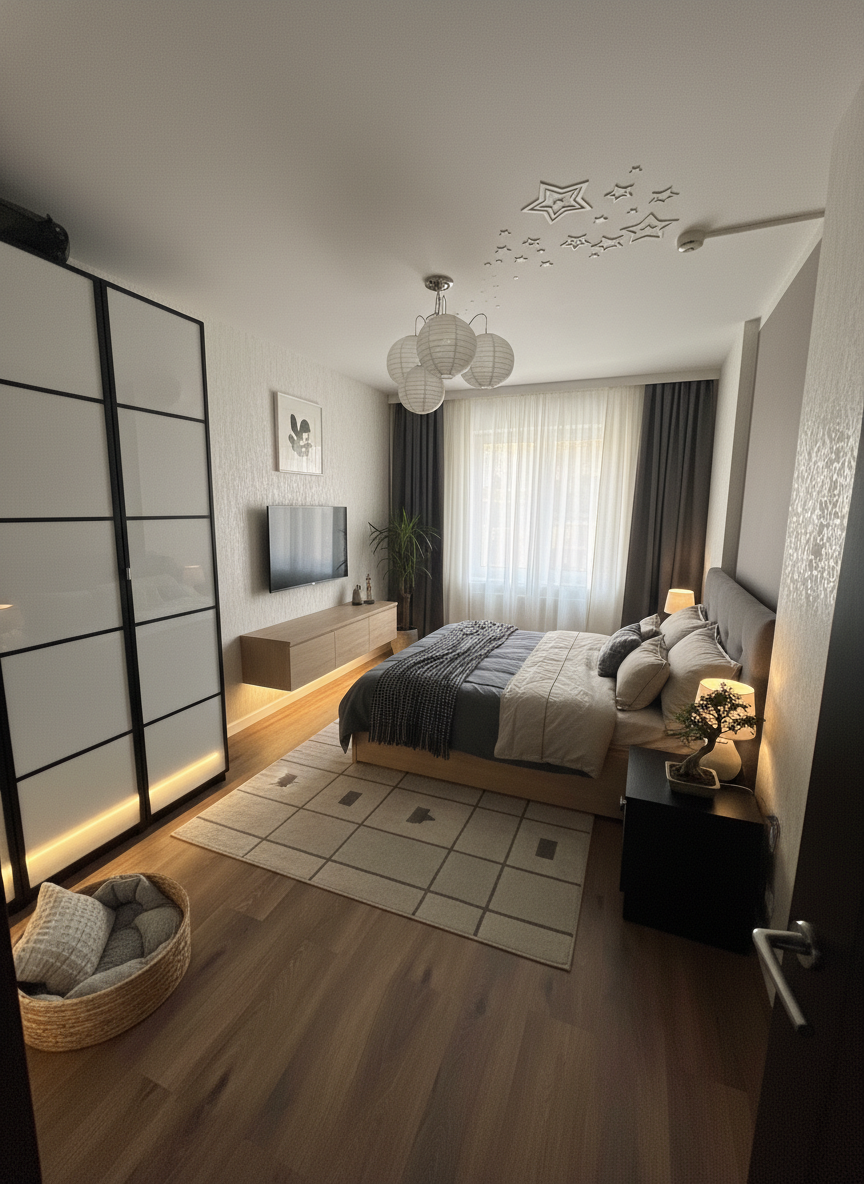 Дизайн спальни в стиле Japandi — фото интерьера от нейросети RoomGPT