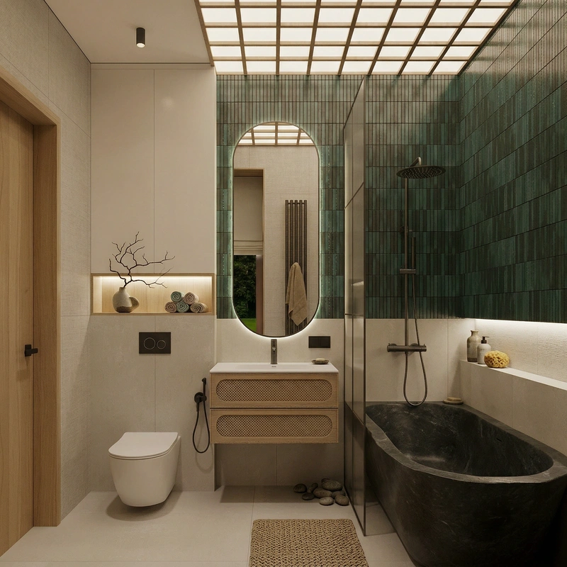 Дизайн ванной в стиле Japandi — фото интерьера от нейросети RoomGPT