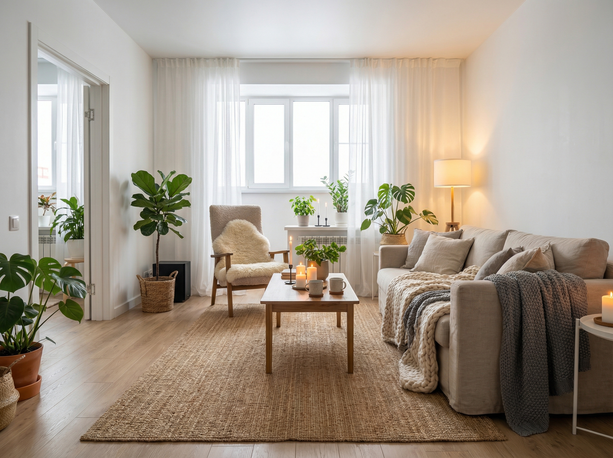 Дизайн гостиной в стиле Хюгге — фото интерьера от нейросети RoomGPT