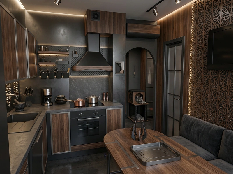 Дизайн интерьера в стиле Блэктэк — Кухня от нейросети RoomGPT