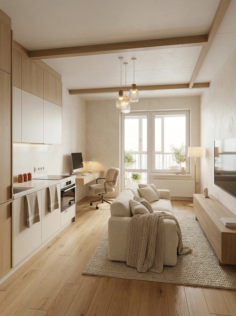 Дизайн гостиной в стиле Хюгге — фото интерьера от нейросети RoomGPT