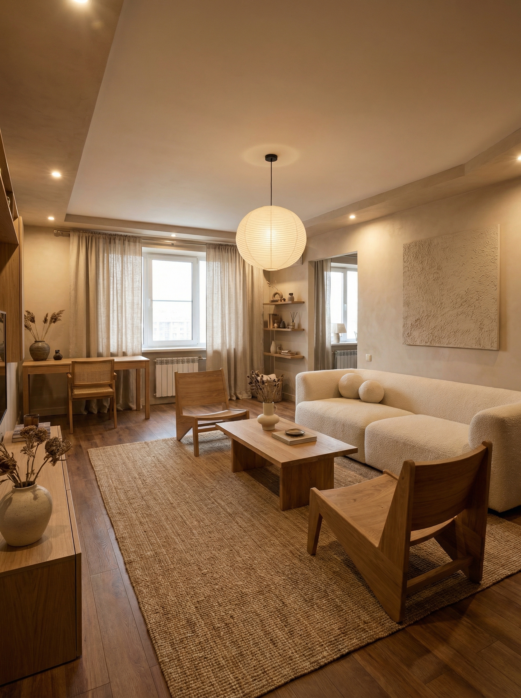 Дизайн гостиной в стиле Japandi — фото интерьера от нейросети RoomGPT