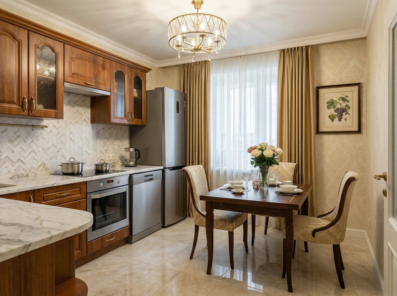 Дизайн кухни в стиле Классика — фото интерьера от нейросети RoomGPT