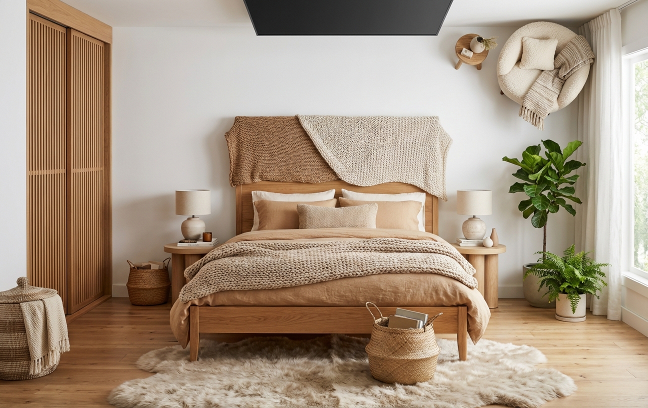 Дизайн спальни в стиле Хюгге — фото интерьера от нейросети RoomGPT