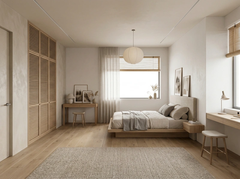 Дизайн спальни в стиле Japandi — фото интерьера от нейросети RoomGPT