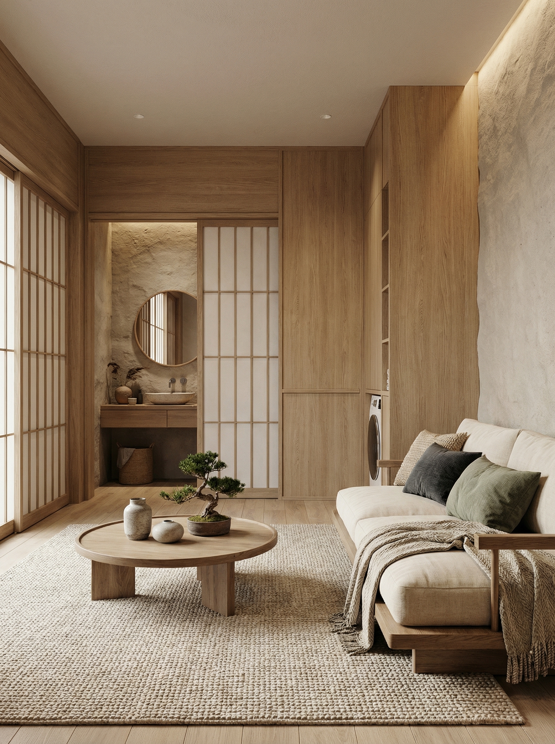 Дизайн гостиной в стиле Japandi — фото интерьера от нейросети RoomGPT