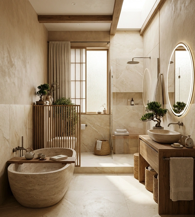 Дизайн ванной в стиле Japandi — фото интерьера от нейросети RoomGPT