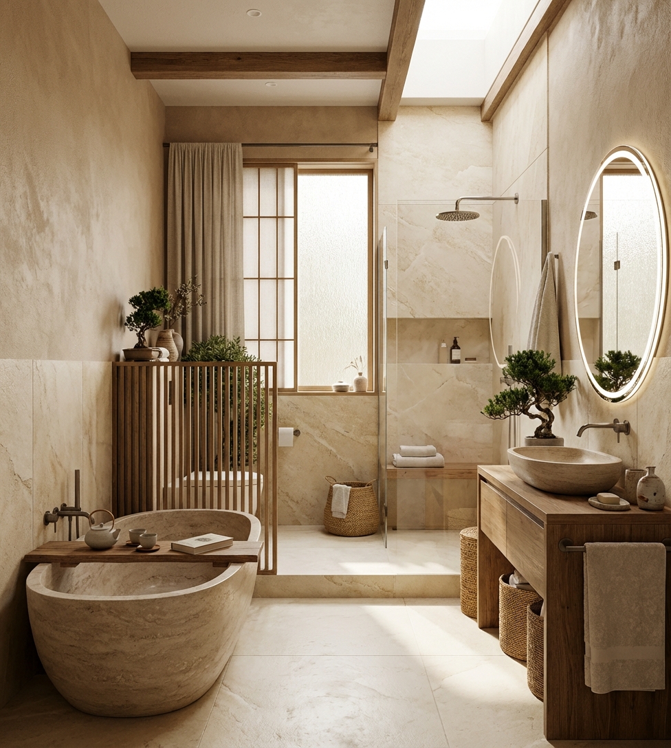 Дизайн ванной в стиле Japandi — фото интерьера от нейросети RoomGPT