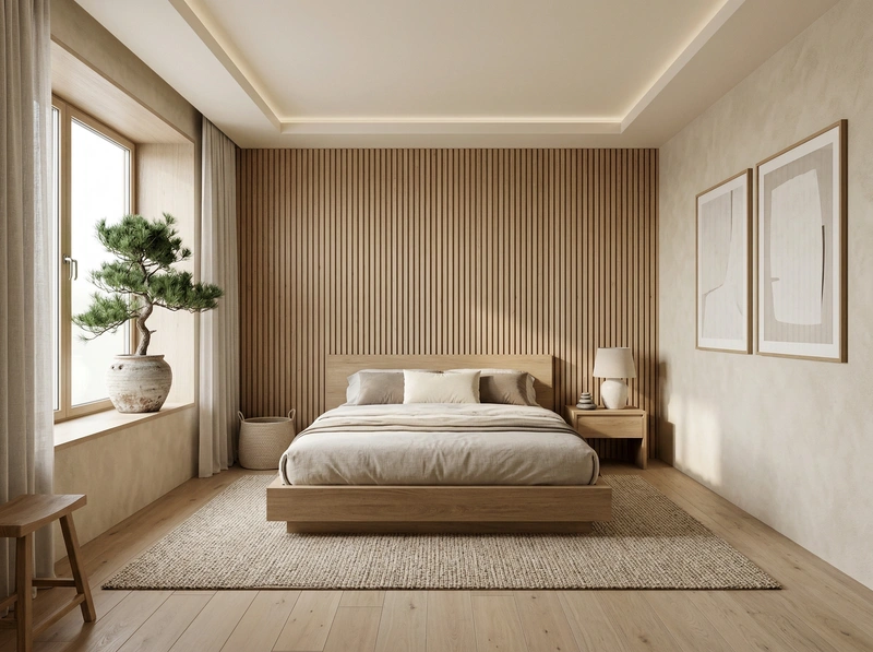 Дизайн спальни в стиле Japandi — фото интерьера от нейросети RoomGPT