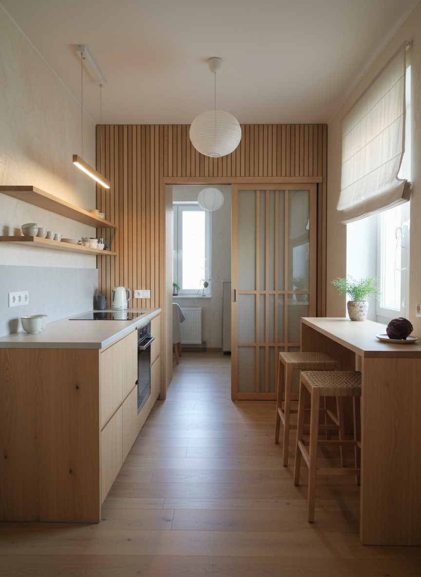 Дизайн кухни в стиле Japandi — фото интерьера от нейросети RoomGPT