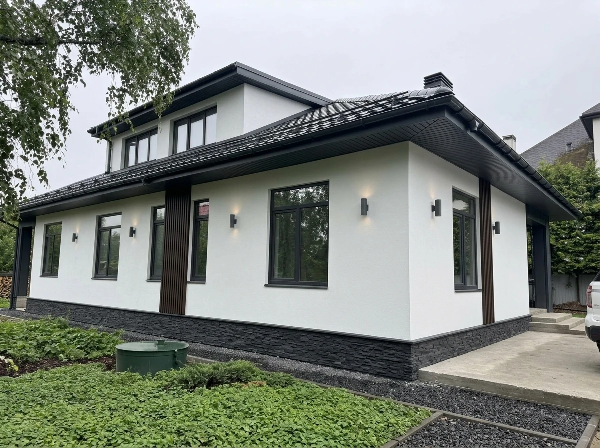 Дизайн фасада в стиле Контемпорари — фото фасада от нейросети RoomGPT