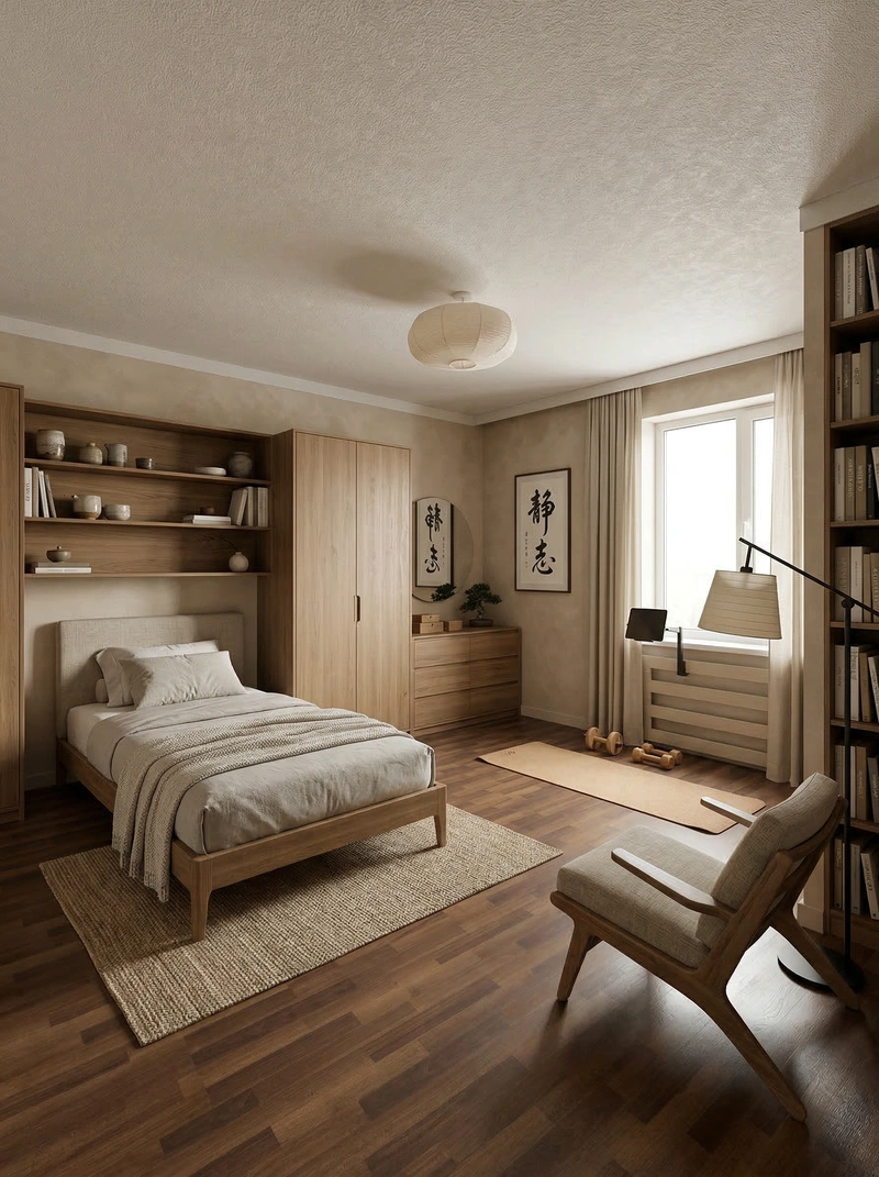 Дизайн спальни в стиле Japandi — фото интерьера от нейросети RoomGPT