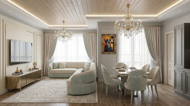 Дизайн гостиной в стиле Неоклассика — фото интерьера от нейросети RoomGPT