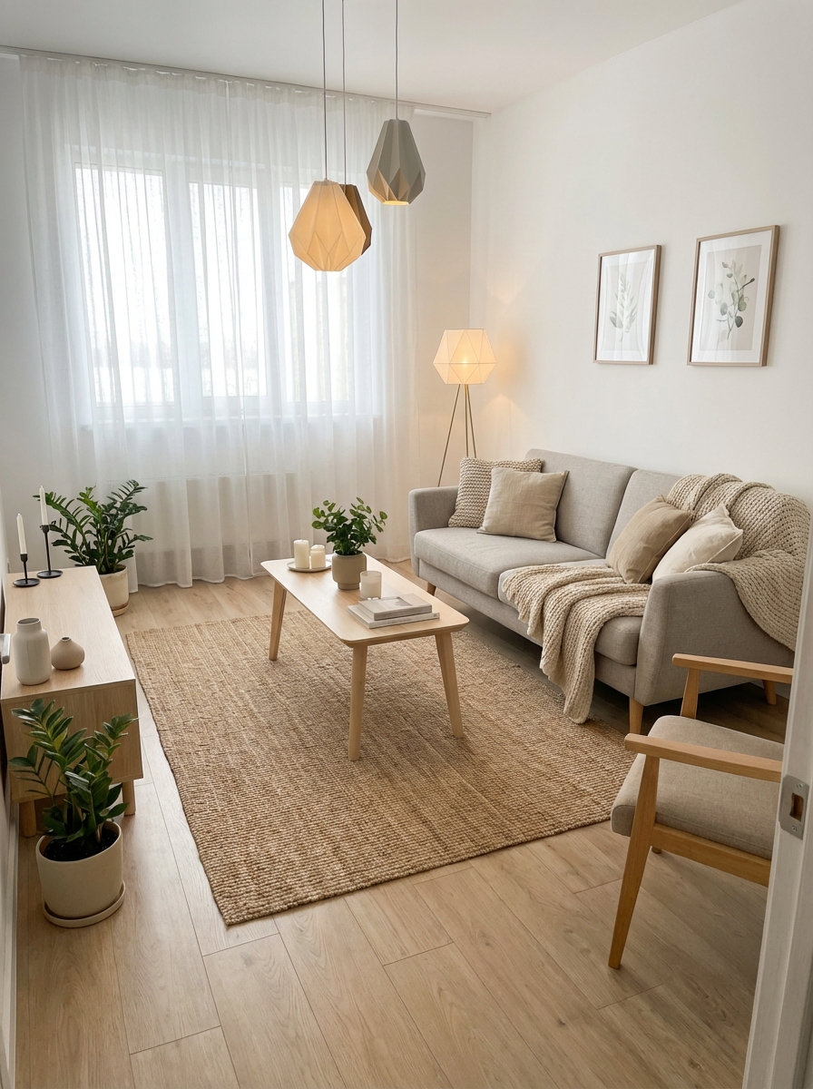 Дизайн гостиной в стиле Хюгге — фото интерьера от нейросети RoomGPT