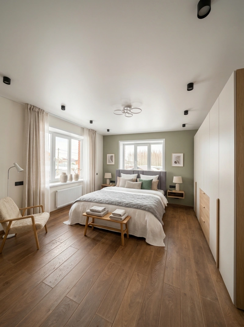 Дизайн спальни в стиле Сканди — фото интерьера от нейросети RoomGPT