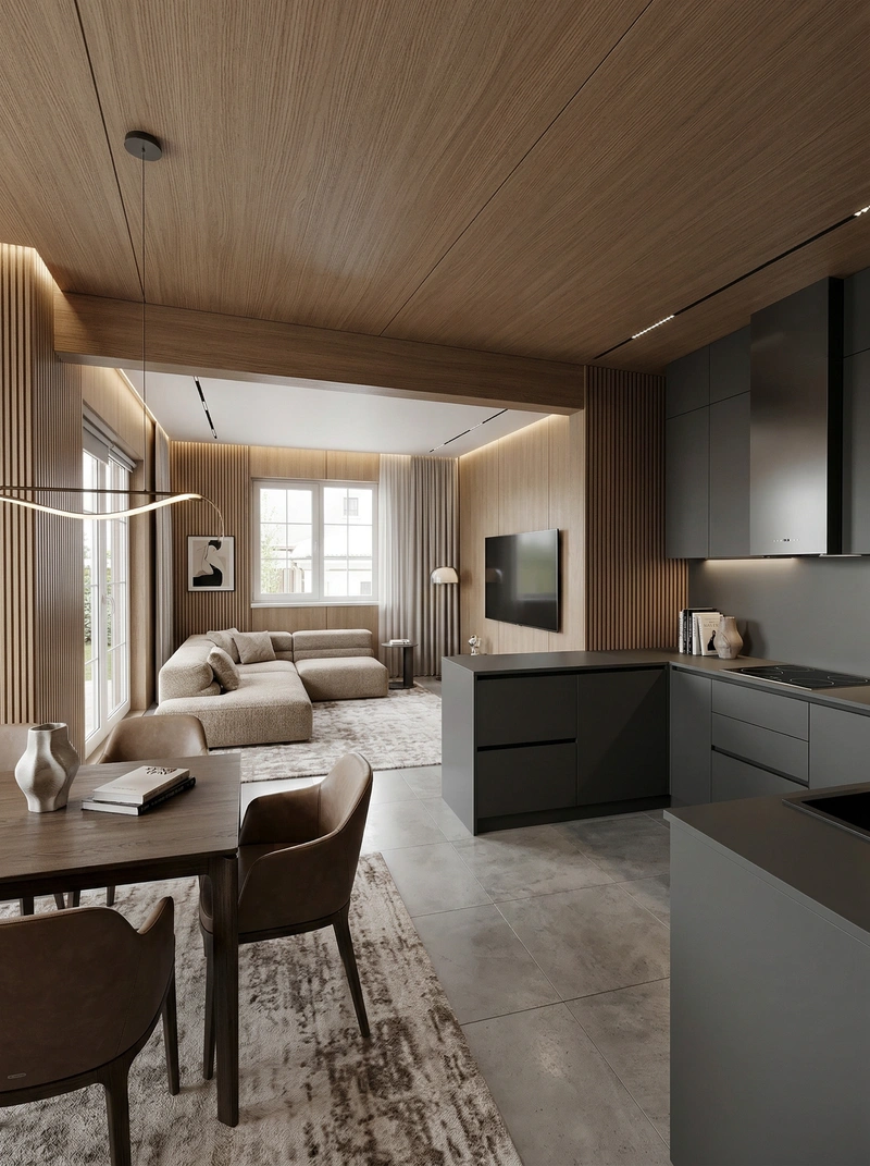 Дизайн интерьера в стиле Контемпорари — Гостиная от нейросети RoomGPT