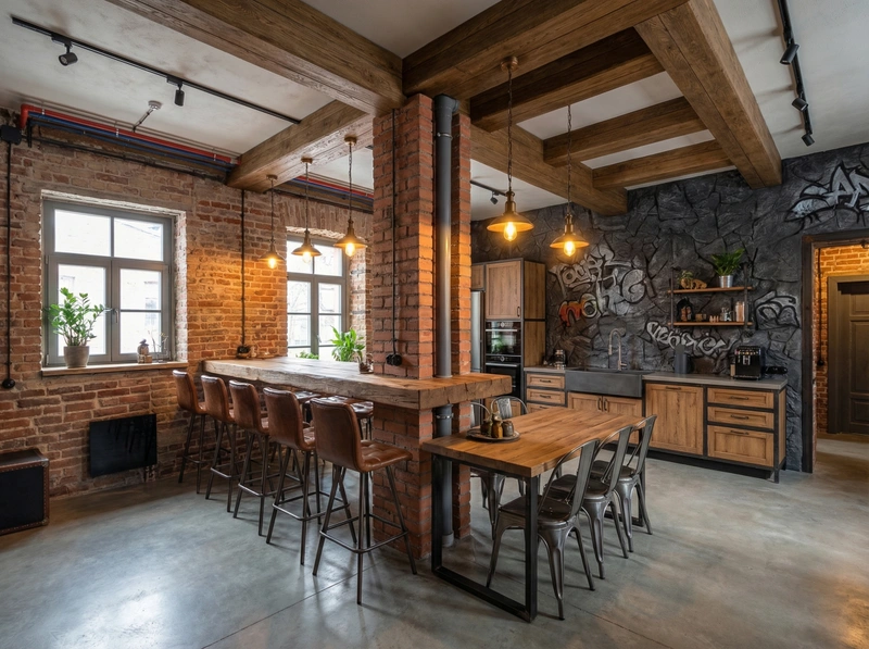 Дизайн интерьера в стиле Лофт — Кухня от нейросети RoomGPT
