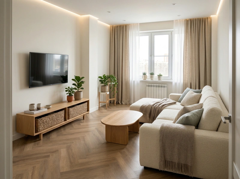 Дизайн гостиной в стиле Хюгге — фото интерьера от нейросети RoomGPT