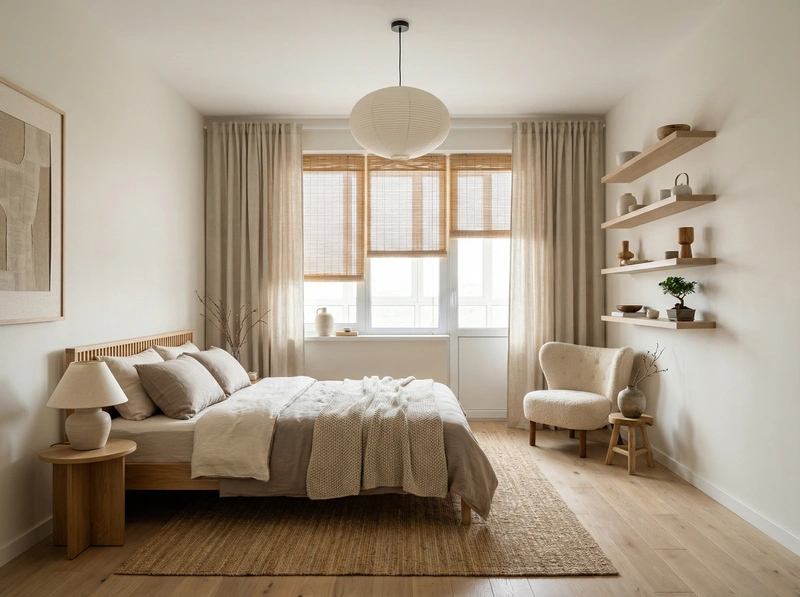 Дизайн спальни в стиле Japandi — фото интерьера от нейросети RoomGPT