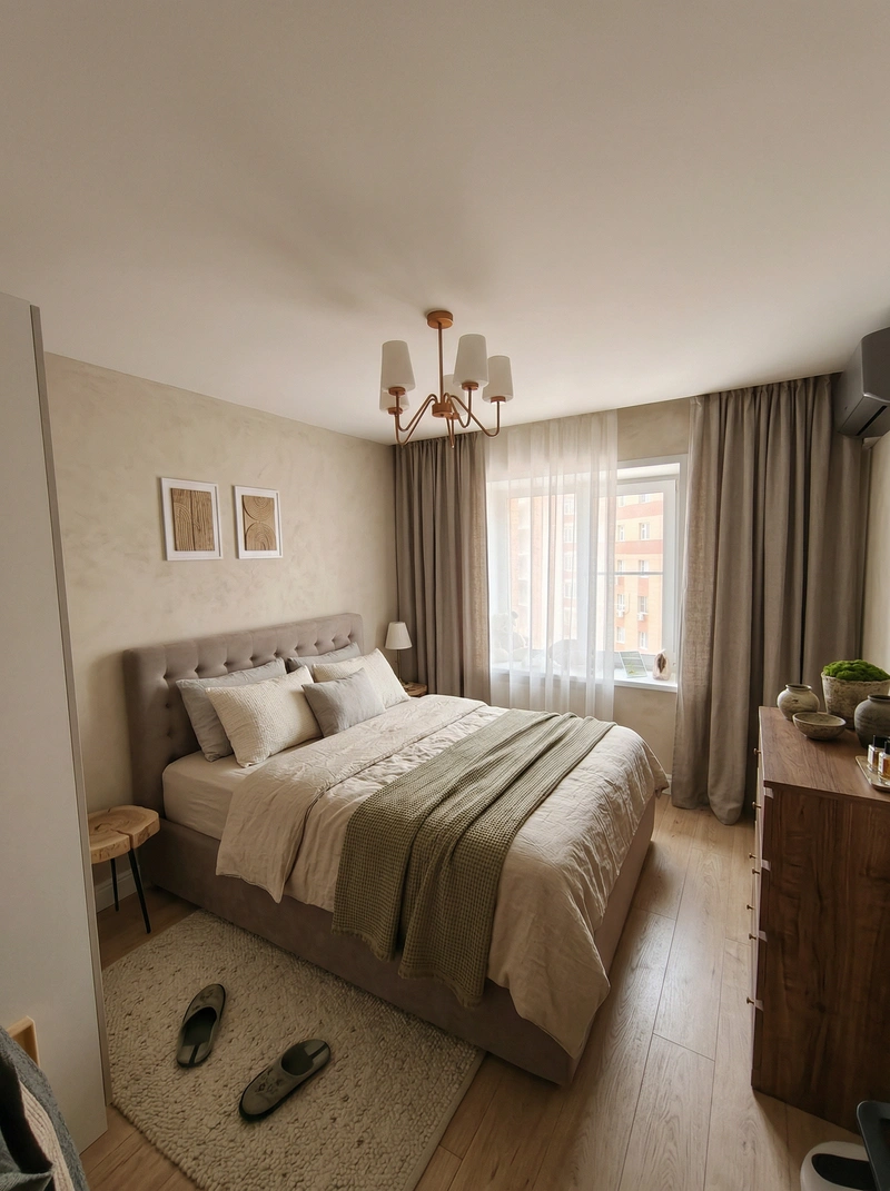 Дизайн спальни в стиле Japandi — фото интерьера от нейросети RoomGPT