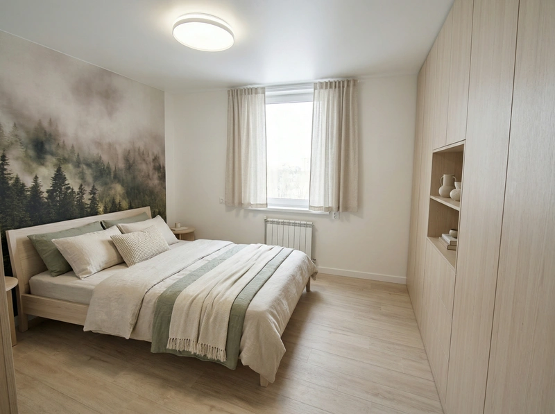 Дизайн спальни в стиле Сканди — фото интерьера от нейросети RoomGPT