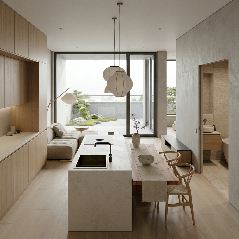 Дизайн кухни в стиле Japandi — фото интерьера от нейросети RoomGPT