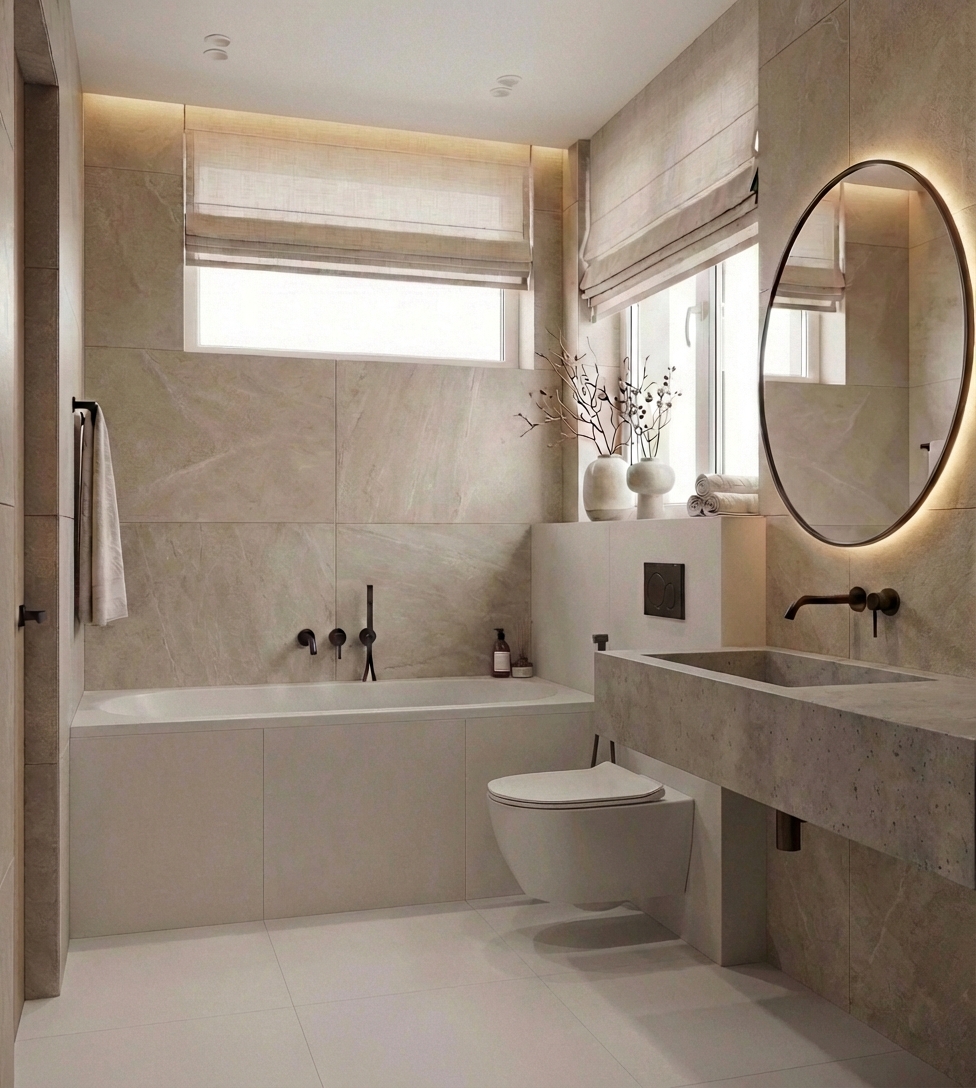 Дизайн ванной в стиле Japandi — фото интерьера от нейросети RoomGPT