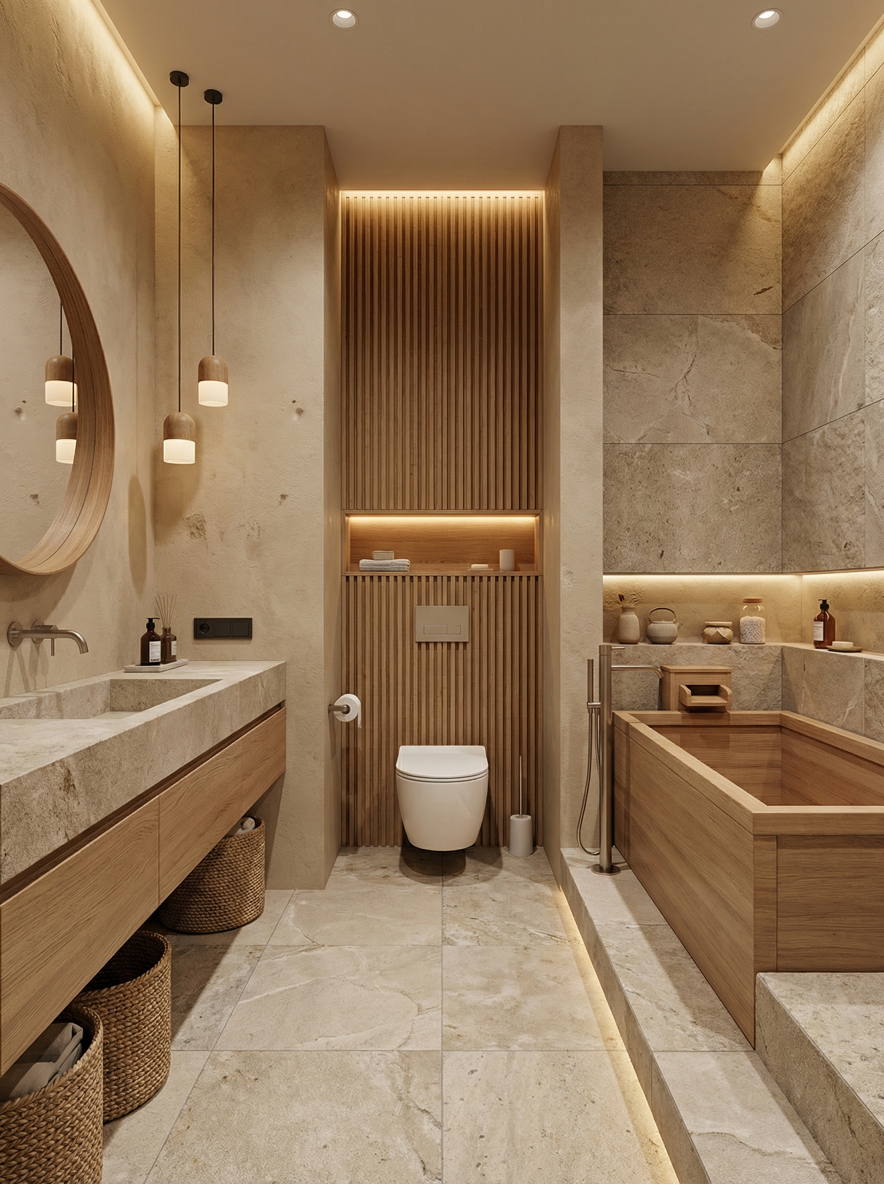 Дизайн ванной в стиле Japandi — фото интерьера от нейросети RoomGPT