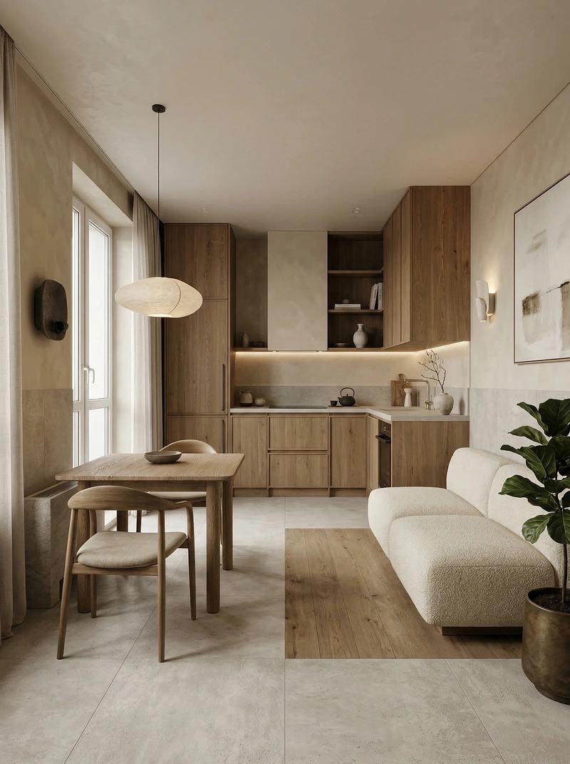 Дизайн кухни в стиле Japandi — фото интерьера от нейросети RoomGPT