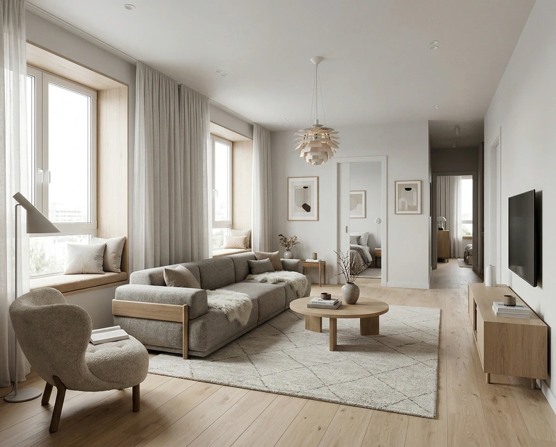 Дизайн гостиной в стиле Сканди — фото интерьера от нейросети RoomGPT