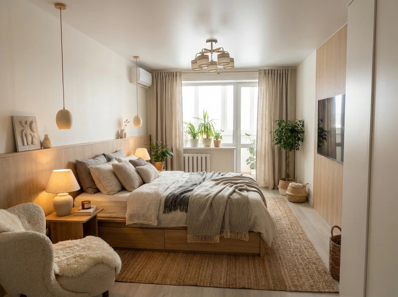 Дизайн спальни в стиле Хюгге — фото интерьера от нейросети RoomGPT