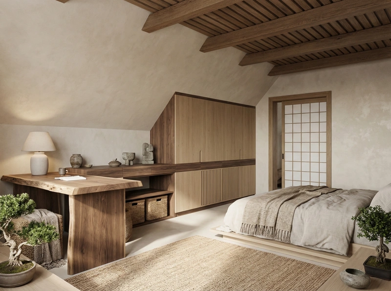 Дизайн спальни в стиле Japandi — фото интерьера от нейросети RoomGPT