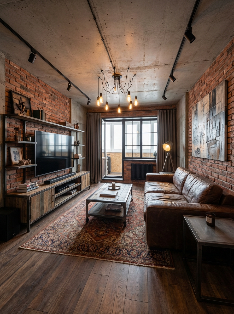 Дизайн гостиной в стиле Лофт — фото интерьера от нейросети RoomGPT