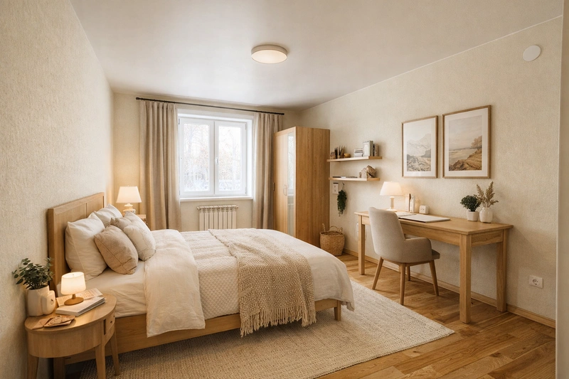 Дизайн спальни в стиле Хюгге — фото интерьера от нейросети RoomGPT