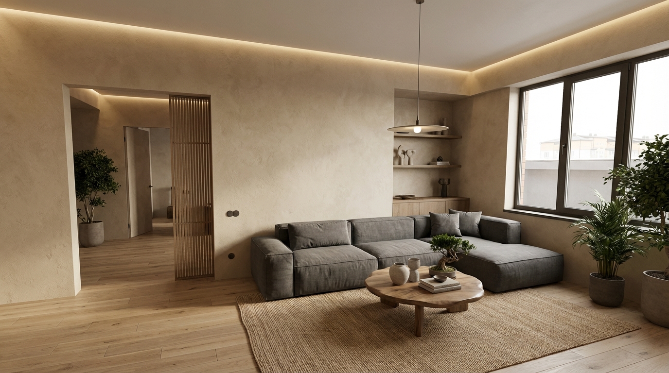 Дизайн гостиной в стиле Japandi — фото интерьера от нейросети RoomGPT