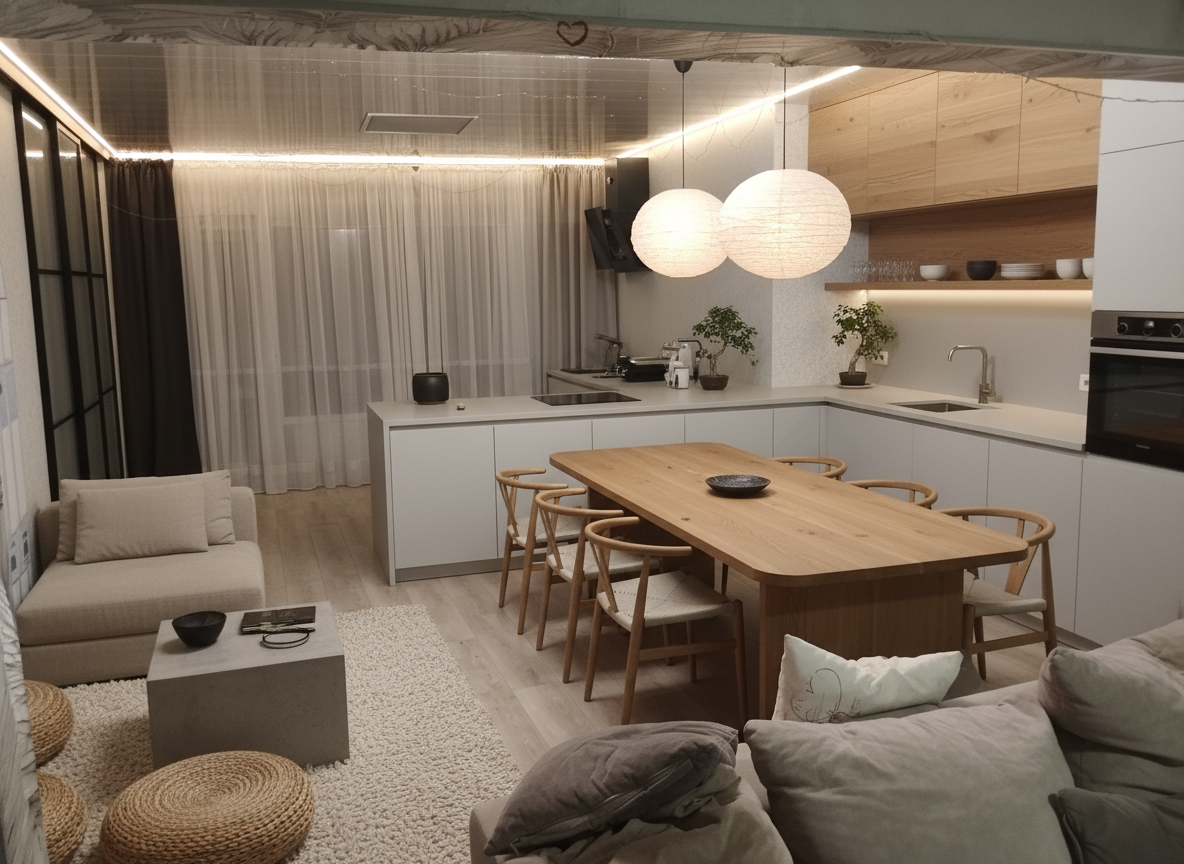 Дизайн кухни в стиле Japandi — фото интерьера от нейросети RoomGPT