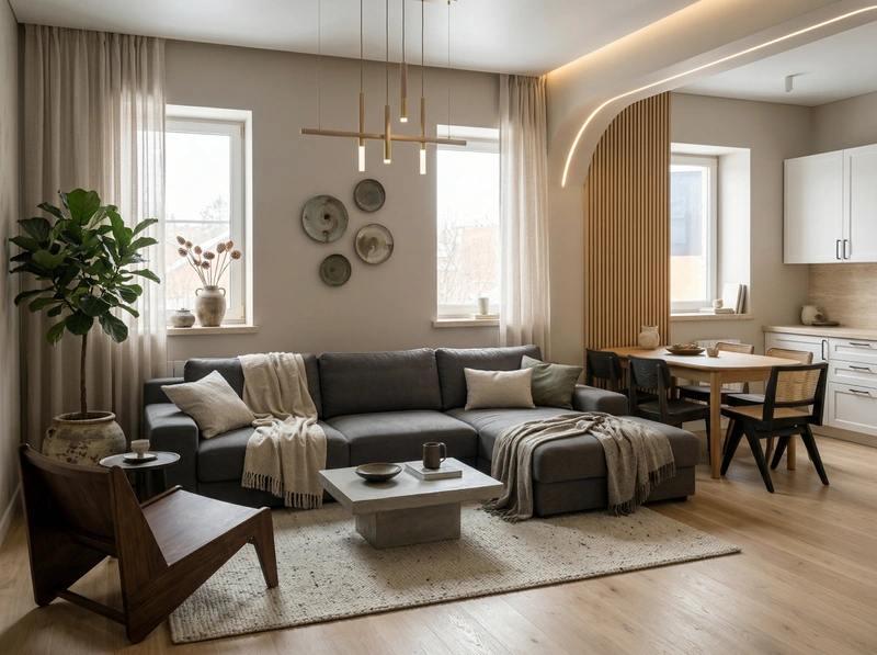 Дизайн гостиной в стиле Japandi — фото интерьера от нейросети RoomGPT