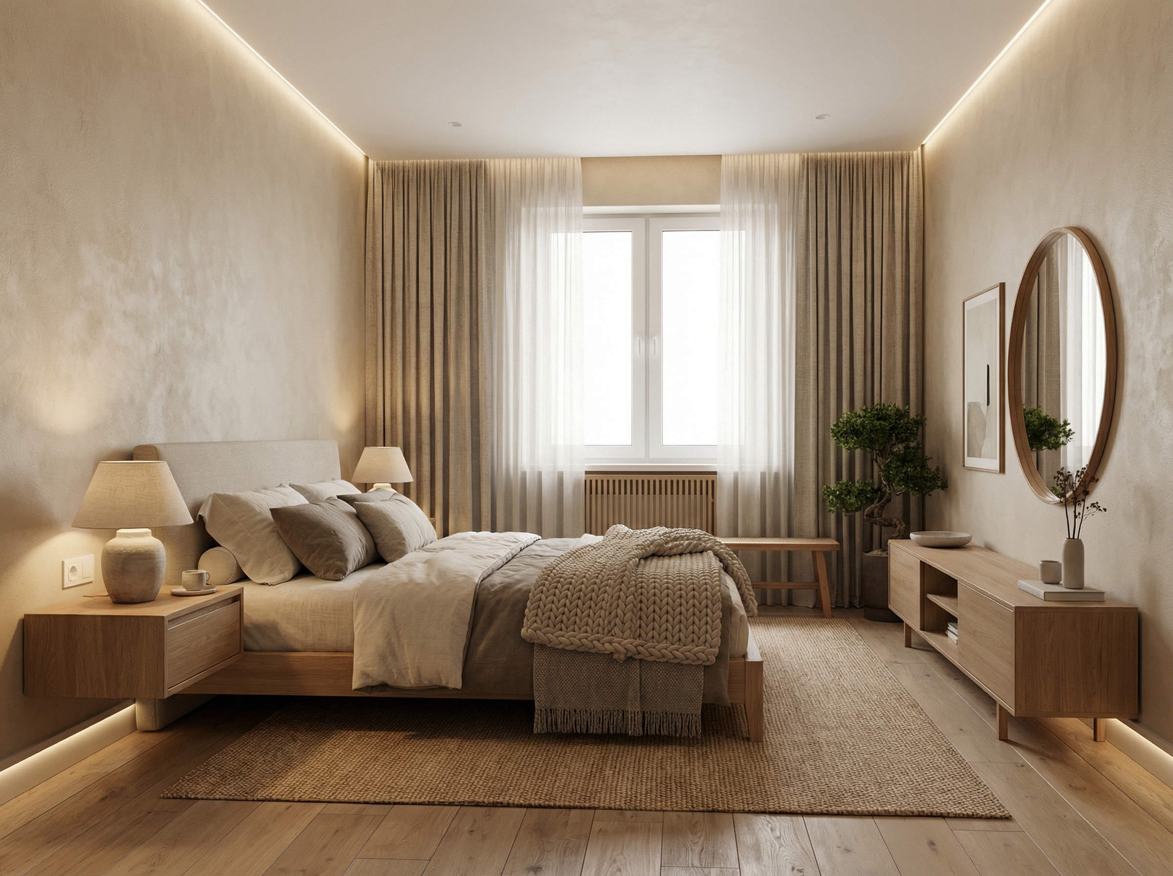 Дизайн спальни в стиле Japandi — фото интерьера от нейросети RoomGPT