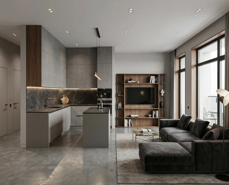 Дизайн интерьера в стиле Контемпорари — Гостиная от нейросети RoomGPT