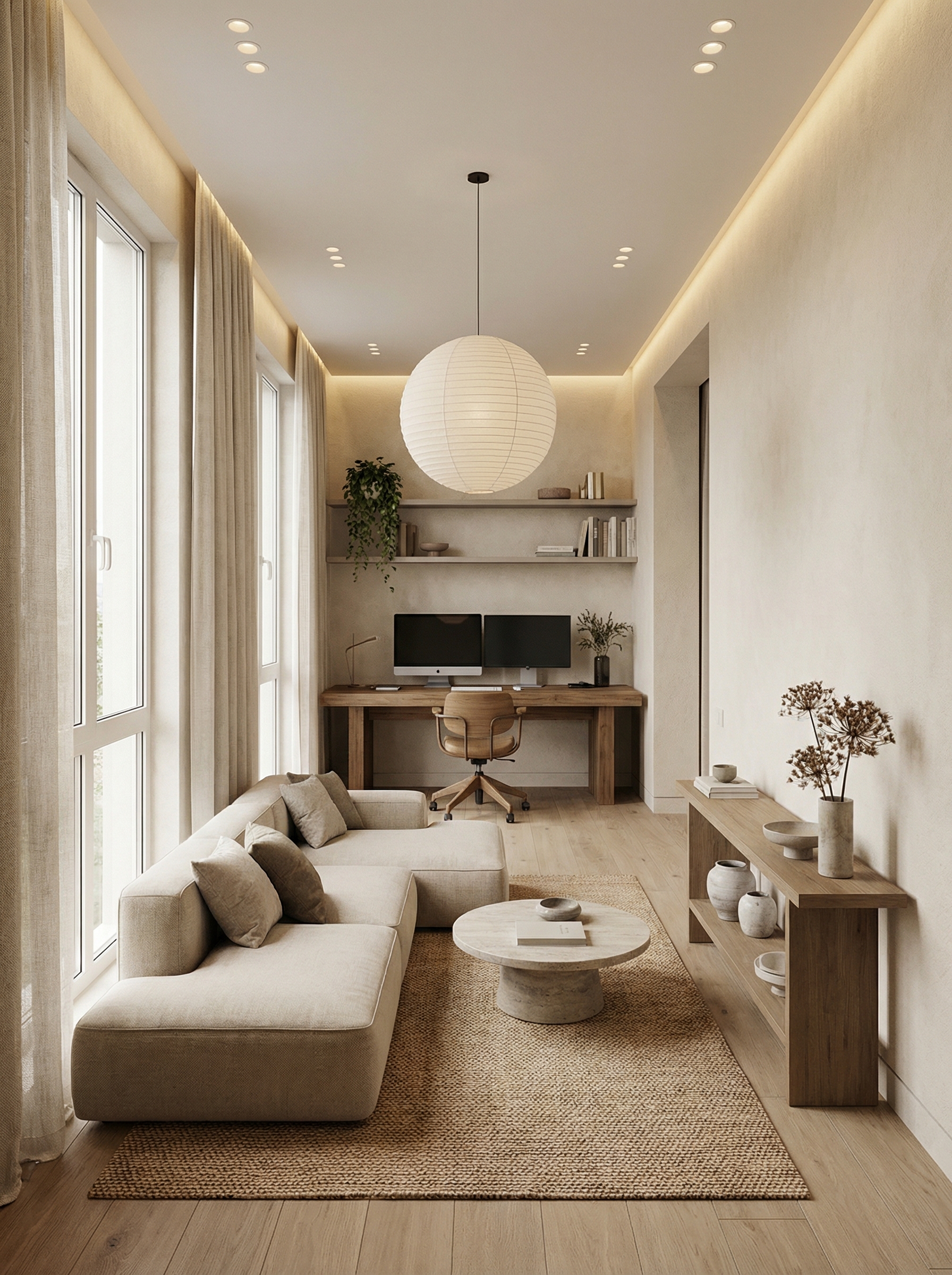 Дизайн гостиной в стиле Japandi — фото интерьера от нейросети RoomGPT