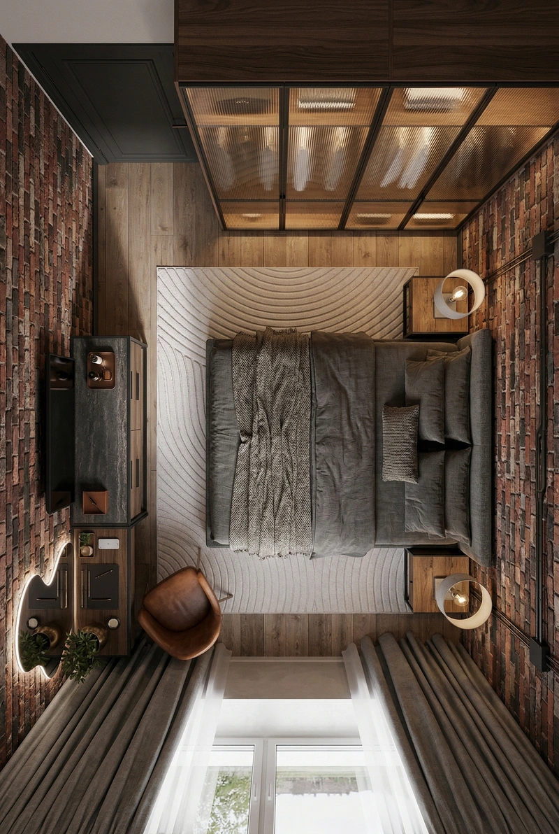 Дизайн спальни в стиле Лофт — фото интерьера от нейросети RoomGPT