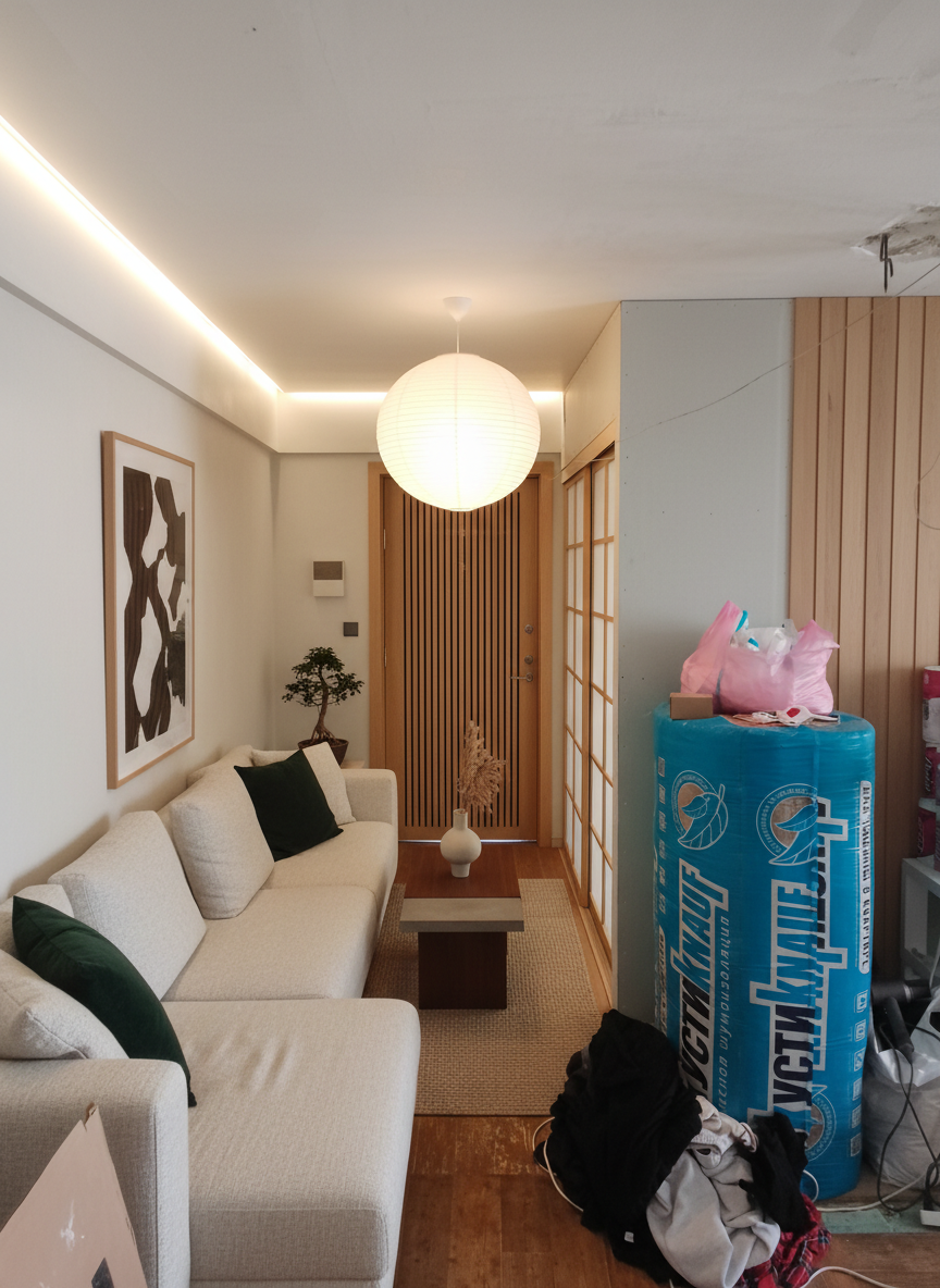 Дизайн гостиной в стиле Japandi — фото интерьера от нейросети RoomGPT